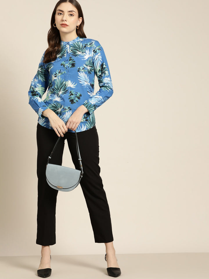 Women Blue Printed Pure Cotton Slim Fit Formal Top