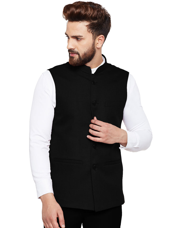 Men Black Solid Slim Fit Formal Nehru Jacket