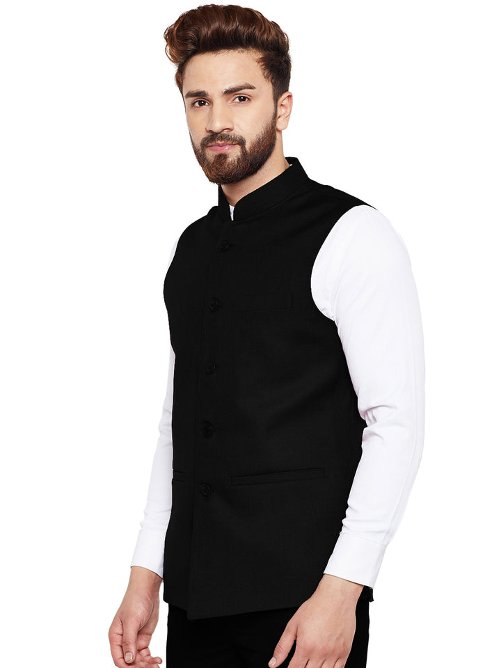 Men Black Solid Slim Fit Formal Nehru Jacket
