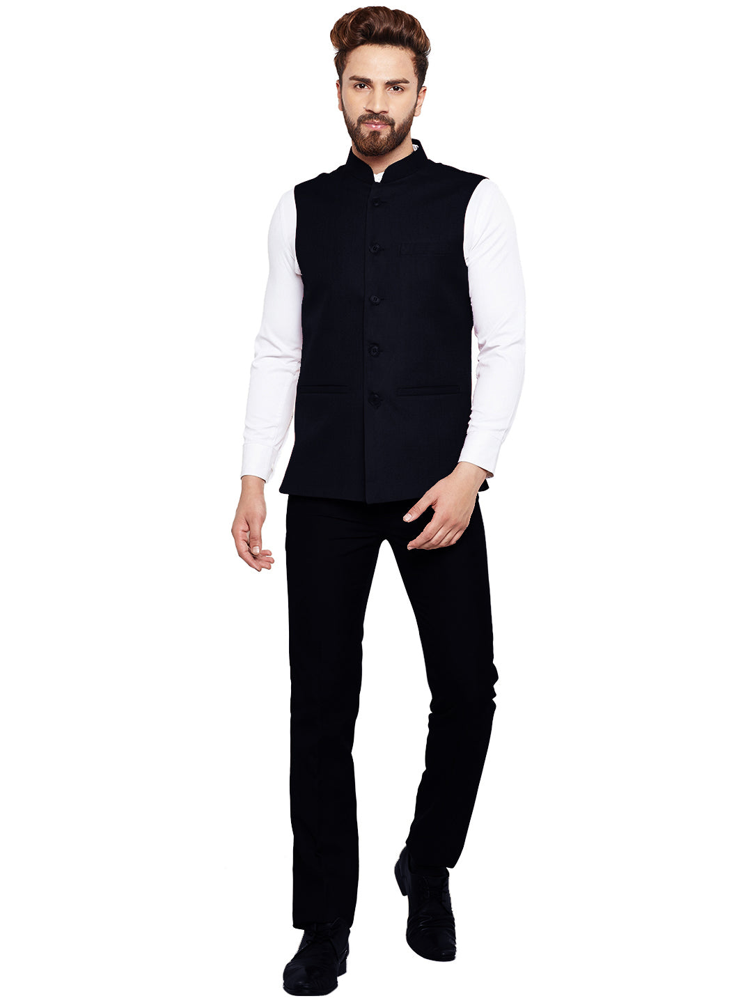 Men Navy Solid Slim Fit Formal Nehru Jacket