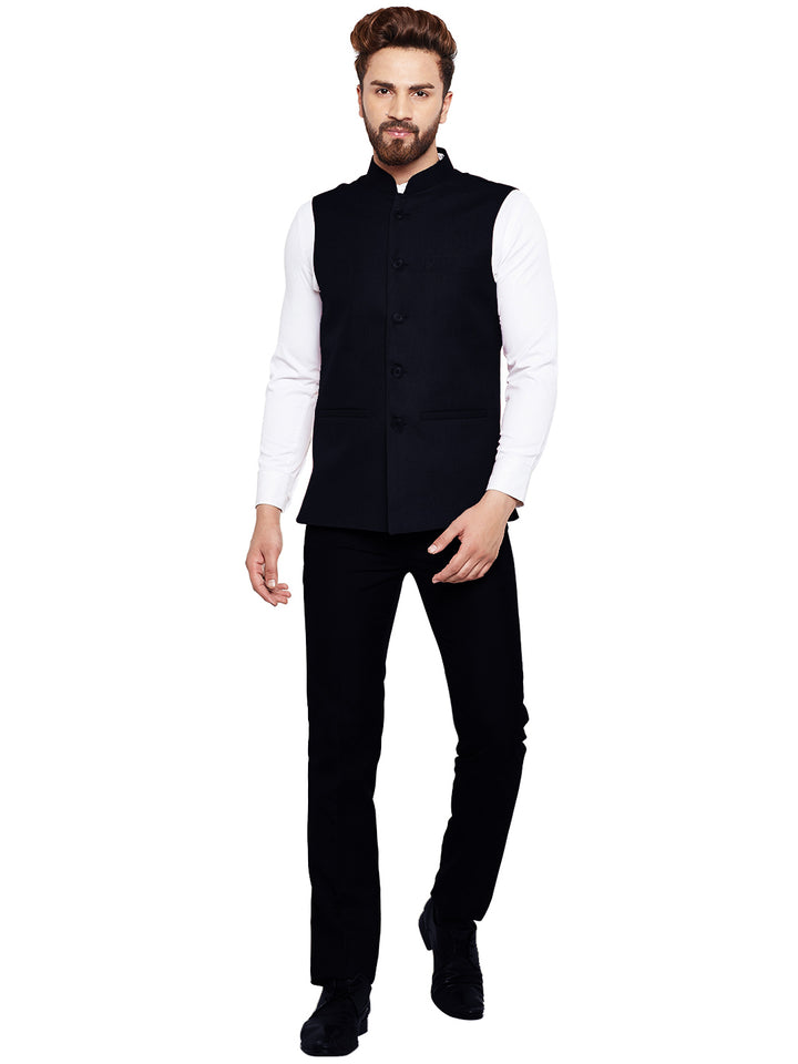 Men Navy Solid Slim Fit Formal Nehru Jacket