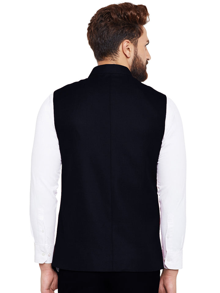Men Navy Solid Slim Fit Formal Nehru Jacket