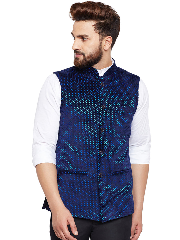 Men Navy Laser Cut Velvet Slim Fit Party Wear Nehru Jacket