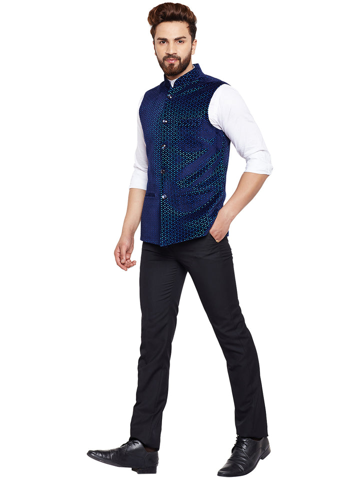 Men Navy Laser Cut Velvet Slim Fit Party Wear Nehru Jacket