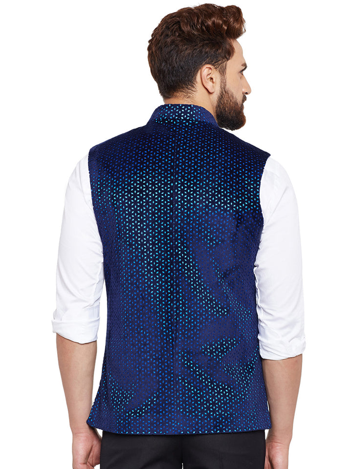 Men Navy Laser Cut Velvet Slim Fit Party Wear Nehru Jacket