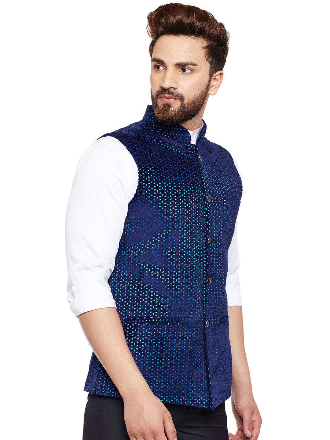 Men Navy Laser Cut Velvet Slim Fit Party Wear Nehru Jacket