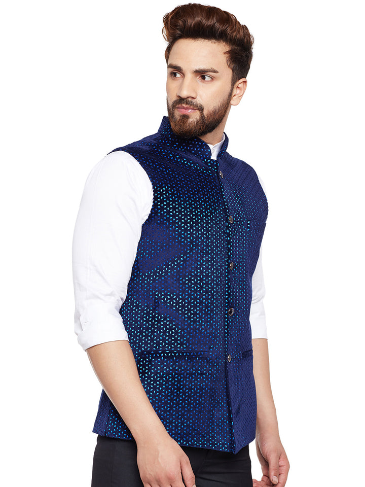 Men Navy Laser Cut Velvet Slim Fit Party Wear Nehru Jacket
