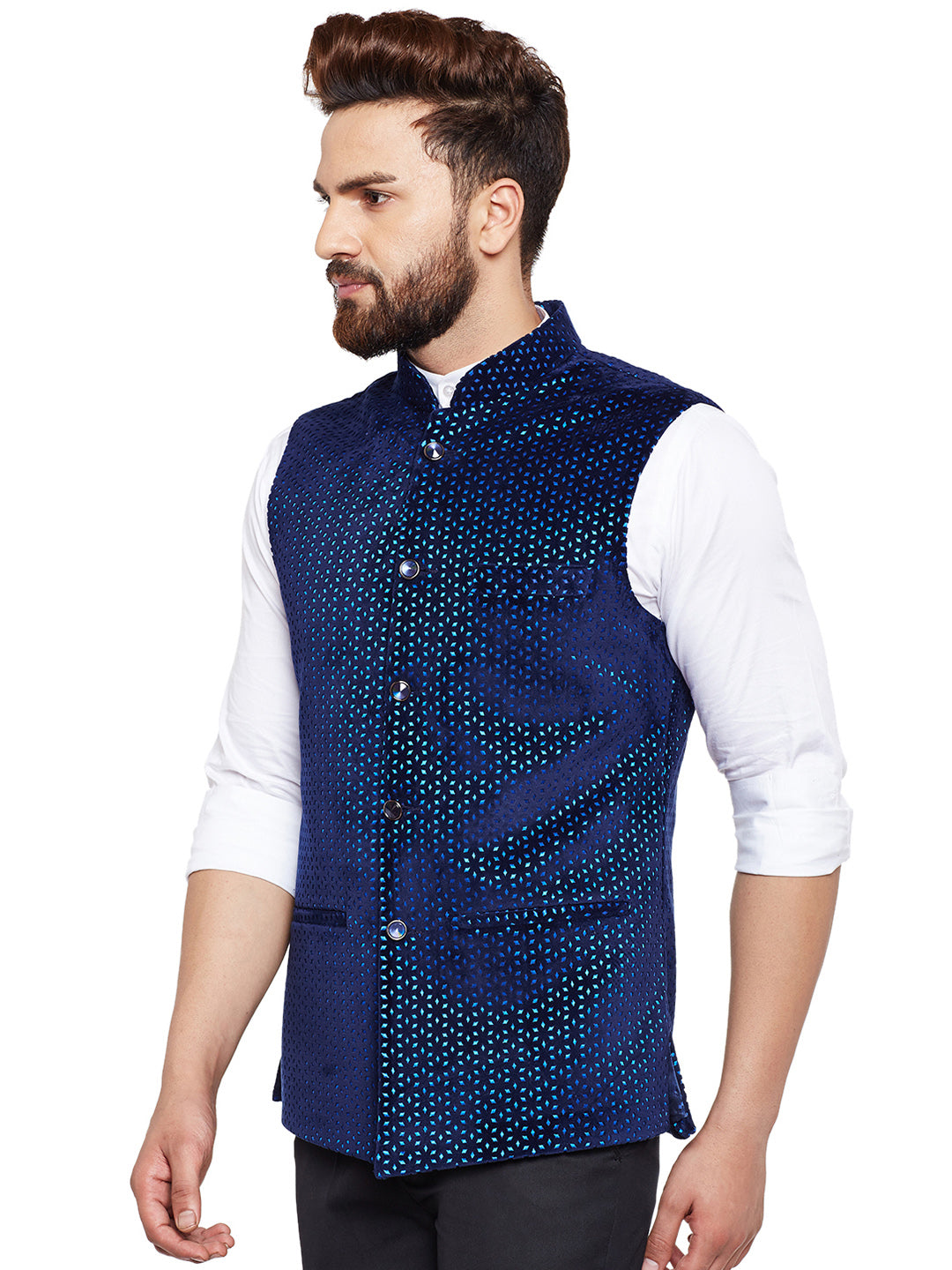 Men Navy Laser Cut Velvet Slim Fit Party Wear Nehru Jacket