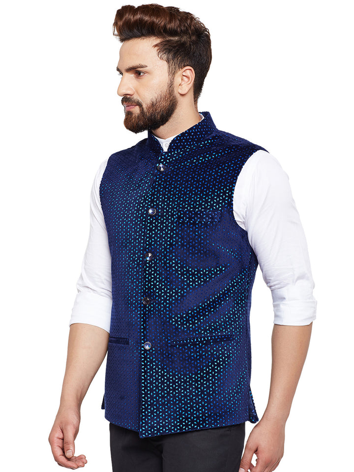 Men Navy Laser Cut Velvet Slim Fit Party Wear Nehru Jacket