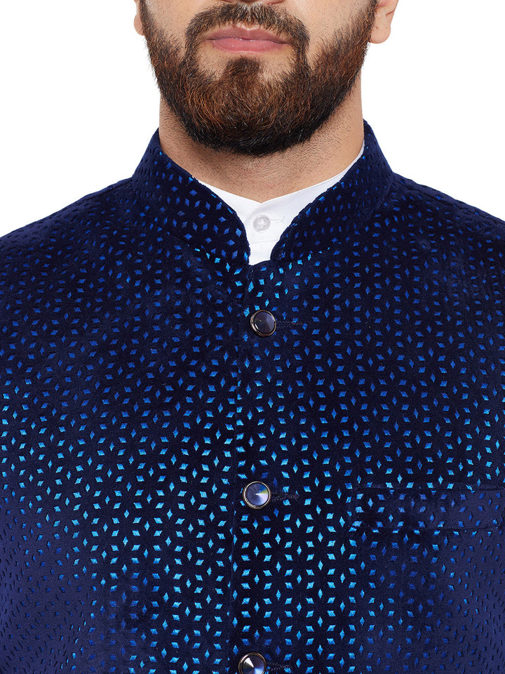 Men Navy Laser Cut Velvet Slim Fit Party Wear Nehru Jacket