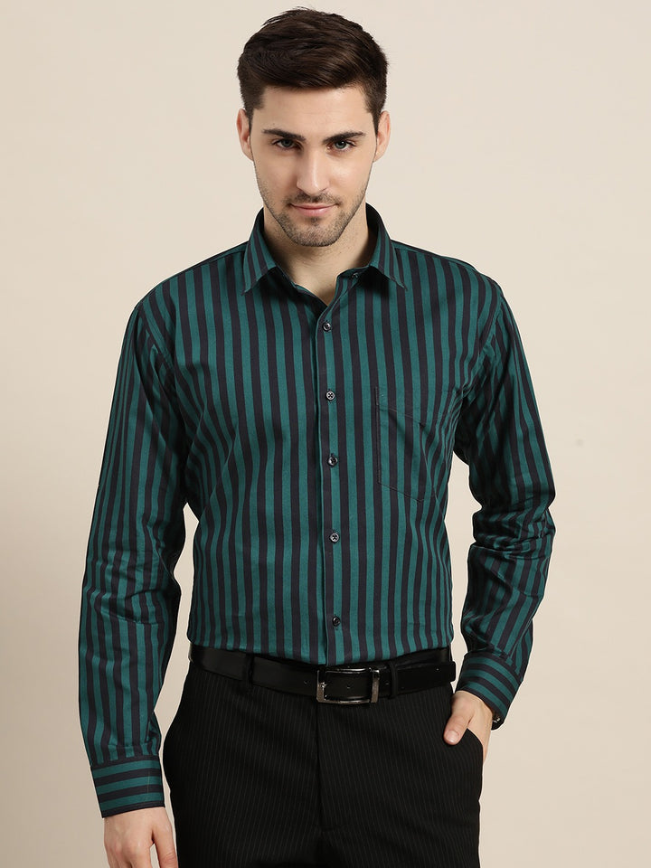 Men Green & Black Stripes Pure Cotton Slim Fit Formal Shirt