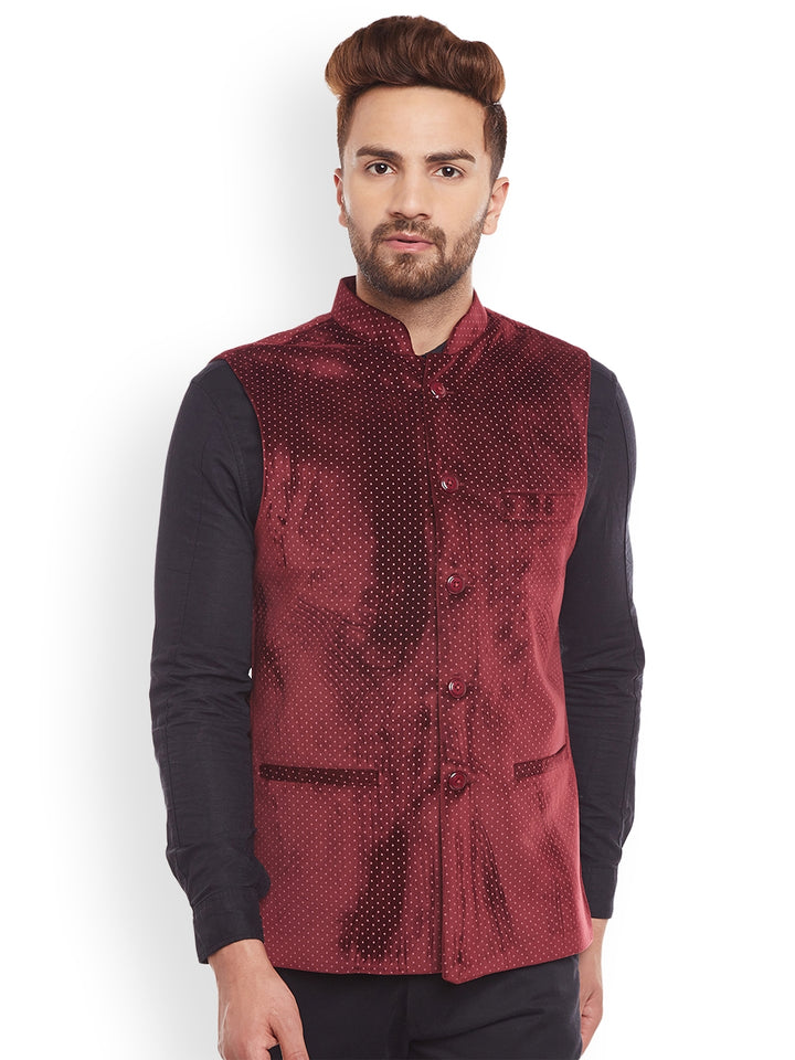 Men Maroon Polka Dot Printed Velvet  Slim Fit  Nehru Jacket