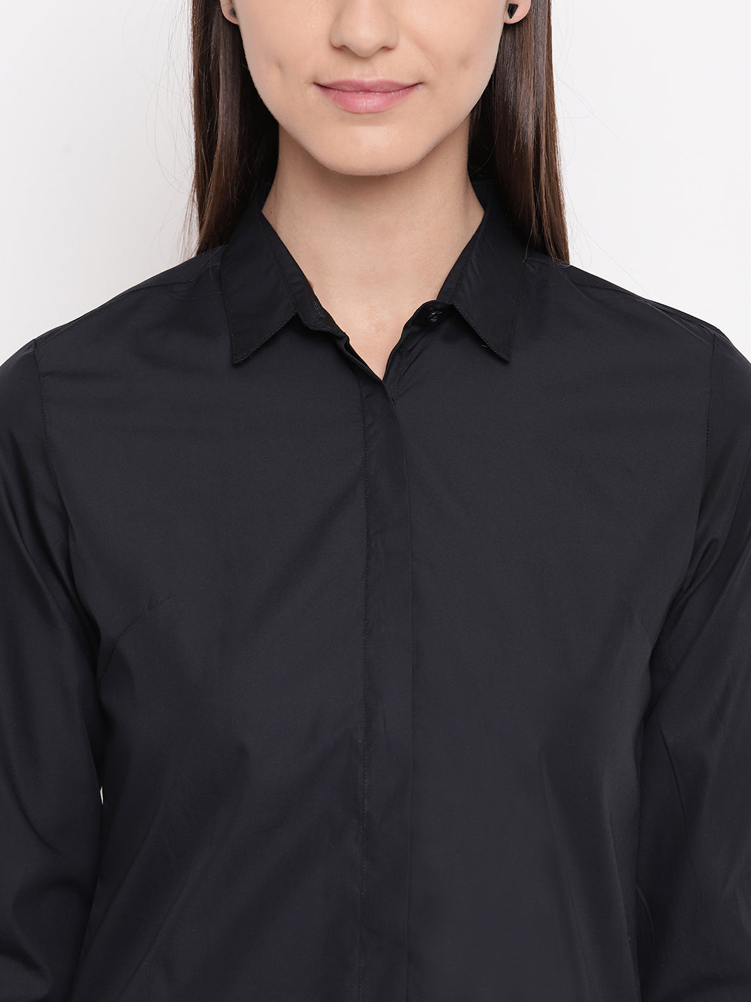 Women Black Pure Cotton Solid Slim Fit Formal Shirt