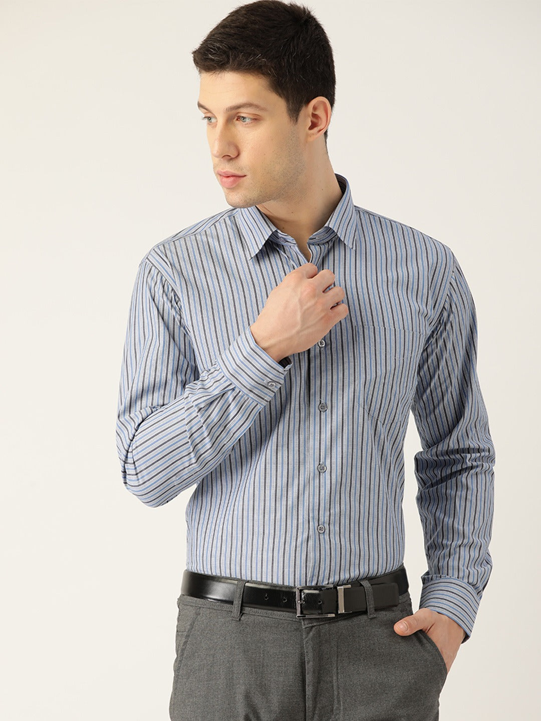 Men Blue Stripes Pure Cotton Slim Fit Formal Shirt