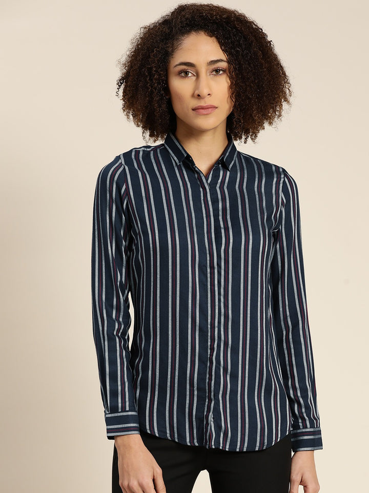 Women Navy Stripes Viscose Rayon Slim Fit Formal Shirt