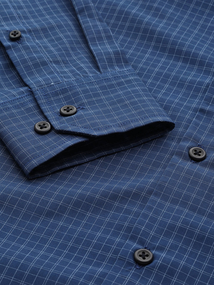 Men Navy Checks Pure Cotton Slim Fit Formal Shirt