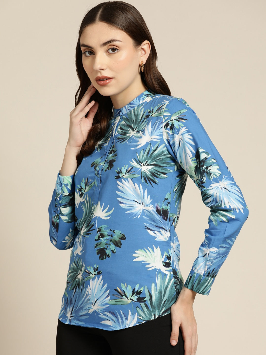 Women Blue Printed Pure Cotton Slim Fit Formal Top