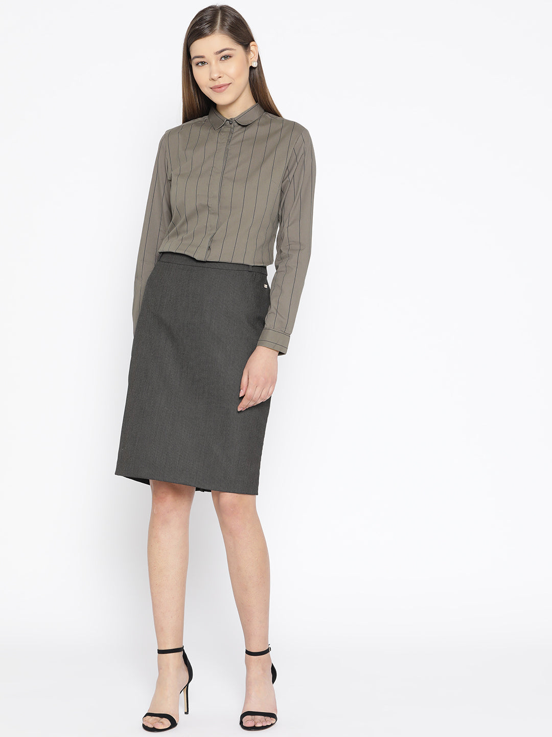 Women Grey Pure Cotton Striped Slim Fit Formal Shirt