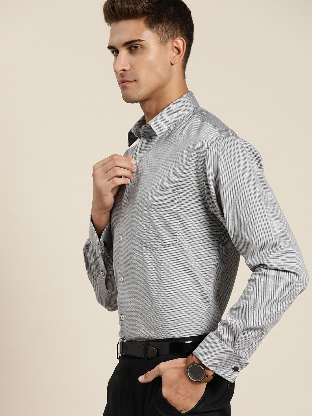 Men Grey Solids Pure Cotton Slim Fit Formal Shirt