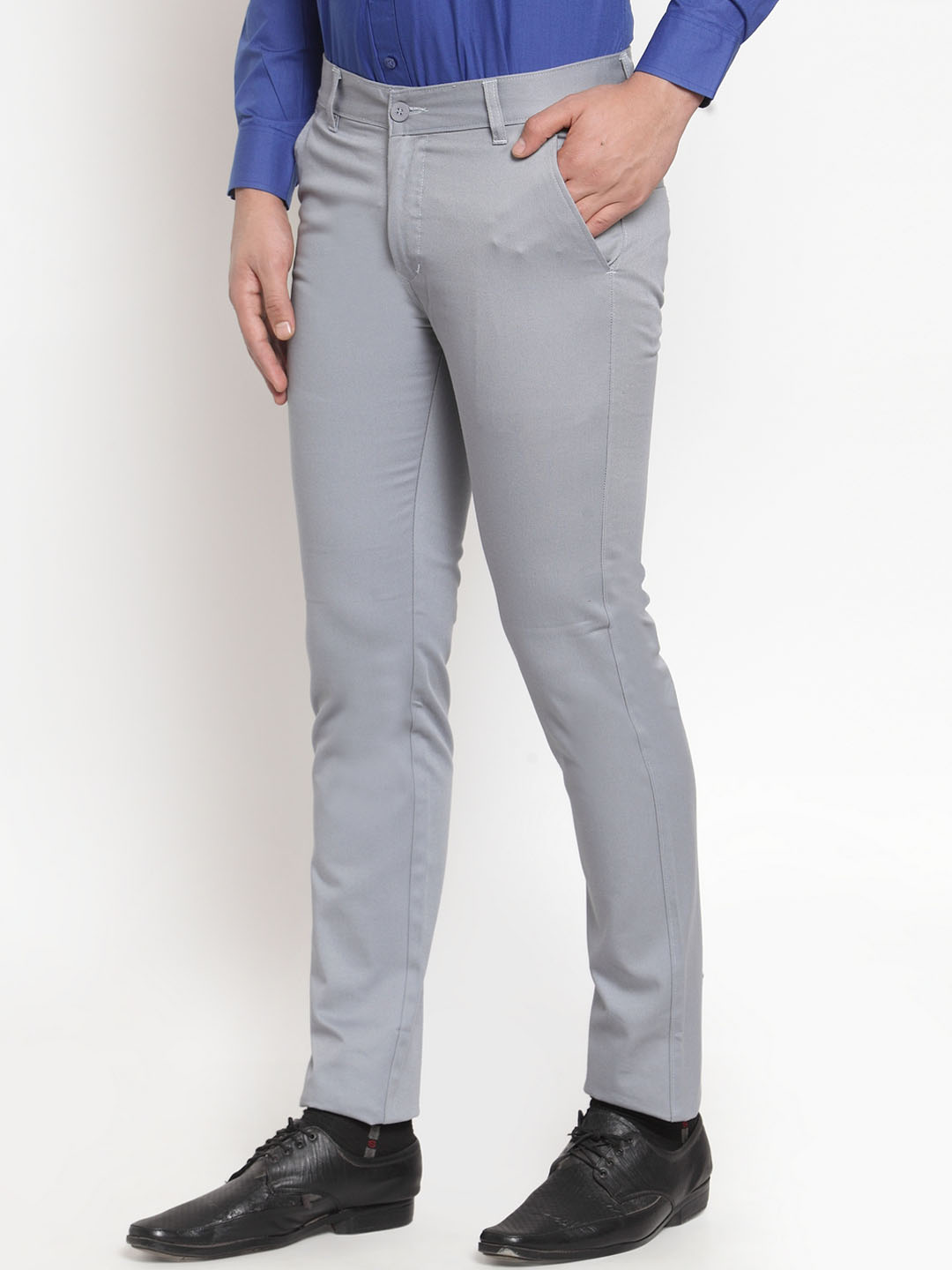 Men Grey Pure Cotton Solid Slim Fit Casual Trouser