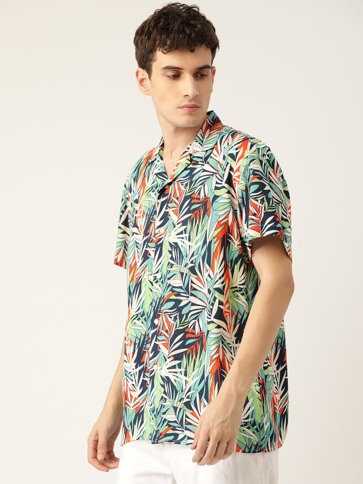 Men Beige & Navy Printed Pure Cotton Relaxed Fit Casual Resort Shirt