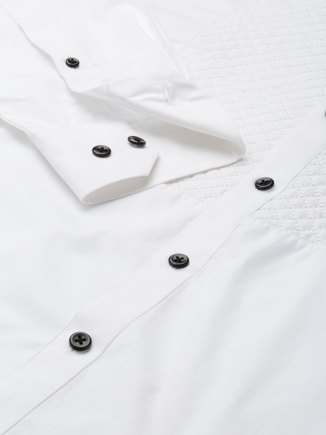 Men White Solid Tuxedo Quilted Pure Cotton Slim Fit Formal Shirt