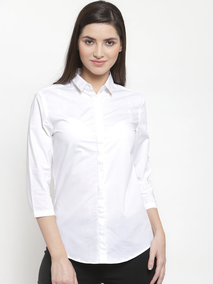 Women White Pure Cotton Solid Slim Fit Formal Shirt