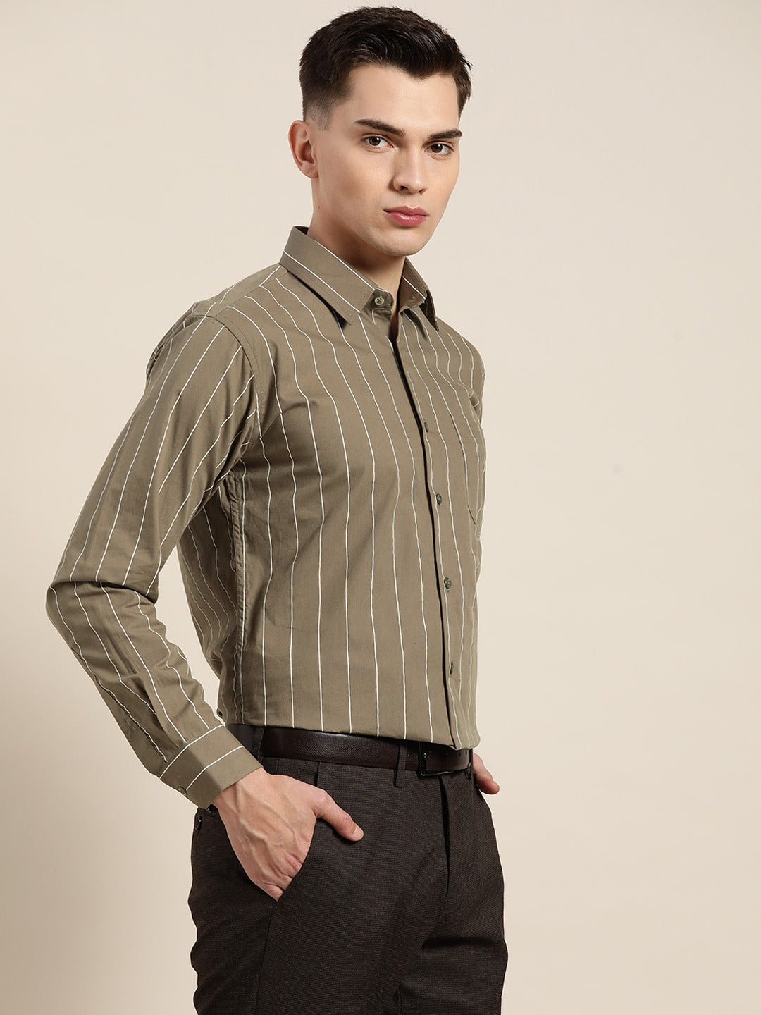 Men Olive Stripes Pure Cotton Slim Fit Formal Shirt