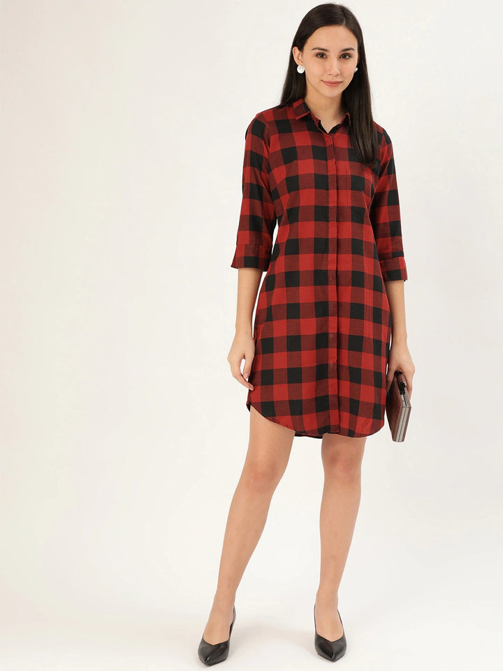 Women Red & Black Checks Pure Cotton Regular Fit Formal Dress