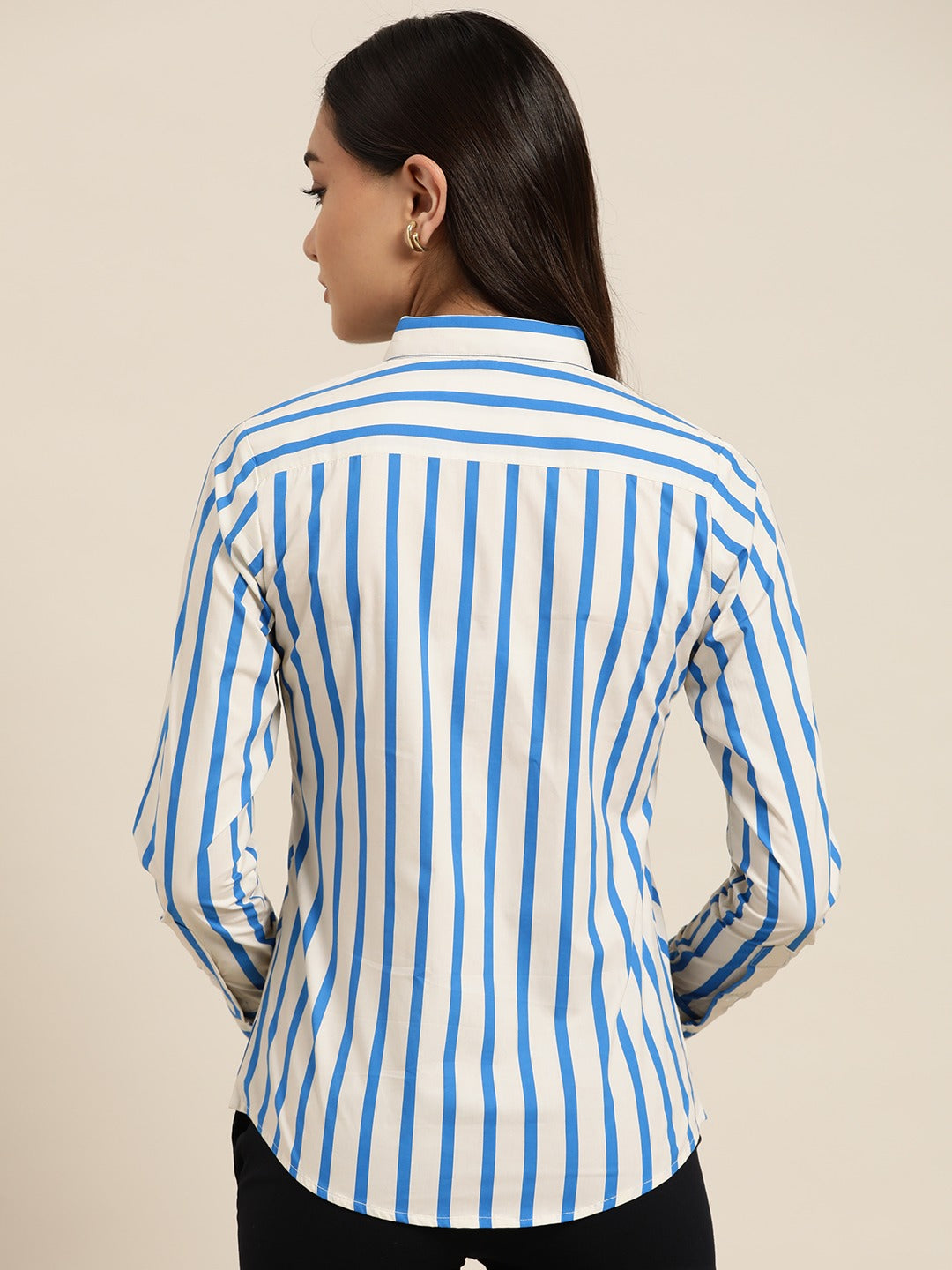 Women Cream & Blue Stripes Pure Cotton Slim Fit Formal Shirt