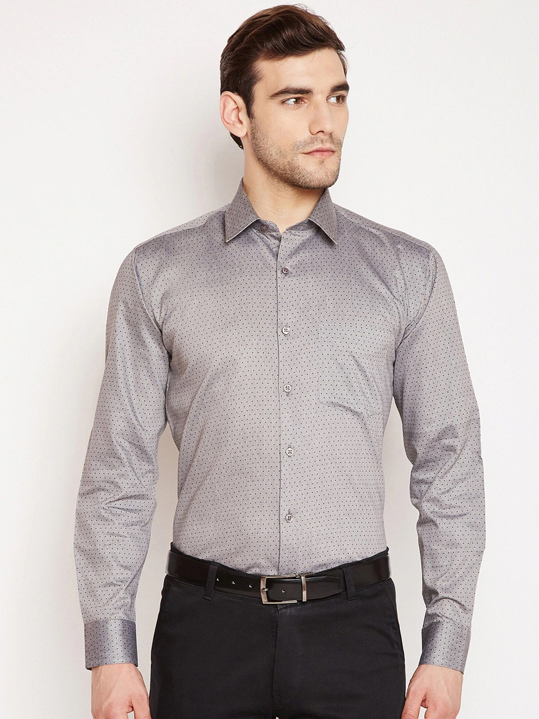 Men Grey Prints Cotton Rich Slim Fit Formal Shirt