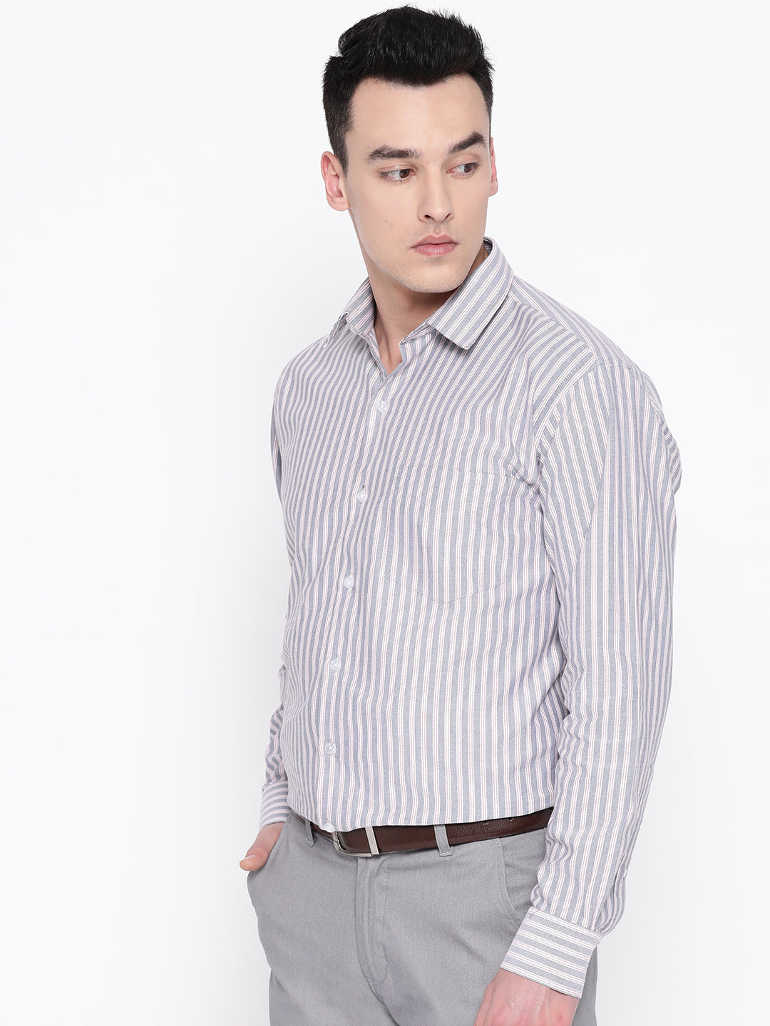 Men Blue & White Pure Cotton Striped Regular Fit Formal Shirt