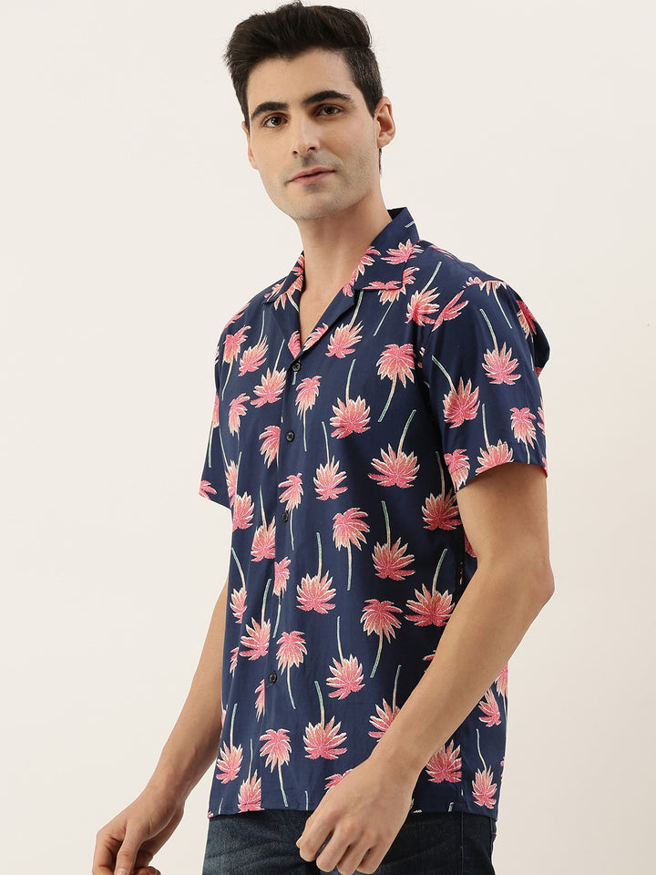 Men Navy & Coral Printed Pure Cotton Relaxed Fit Casual Resort Shirt
