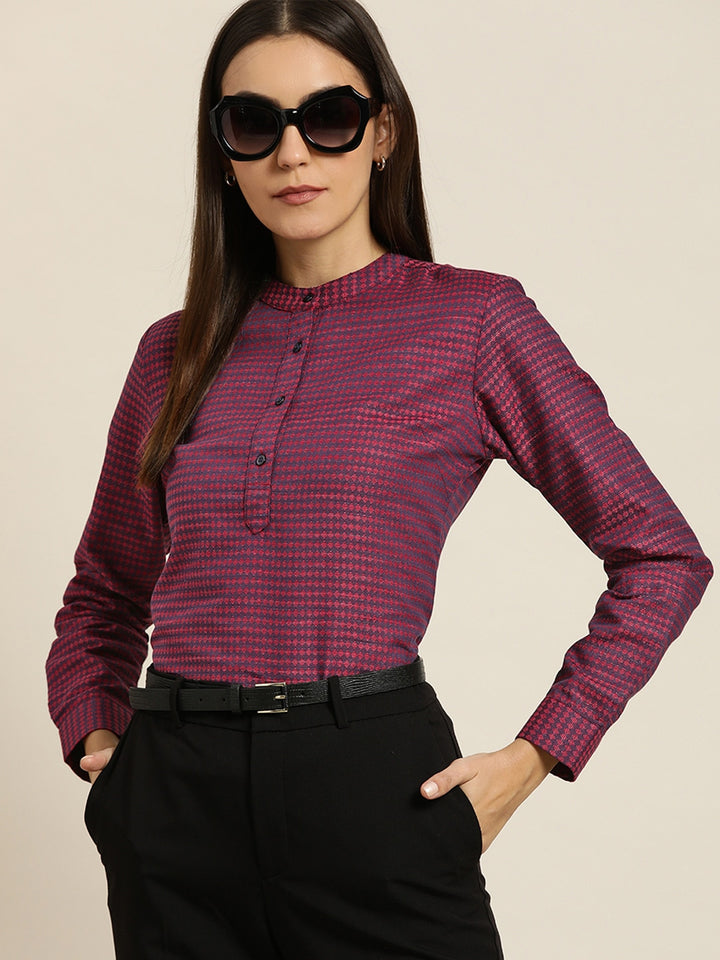 Women Maroon & Navy Checked Pure Cotton Slim Fit Formal Top