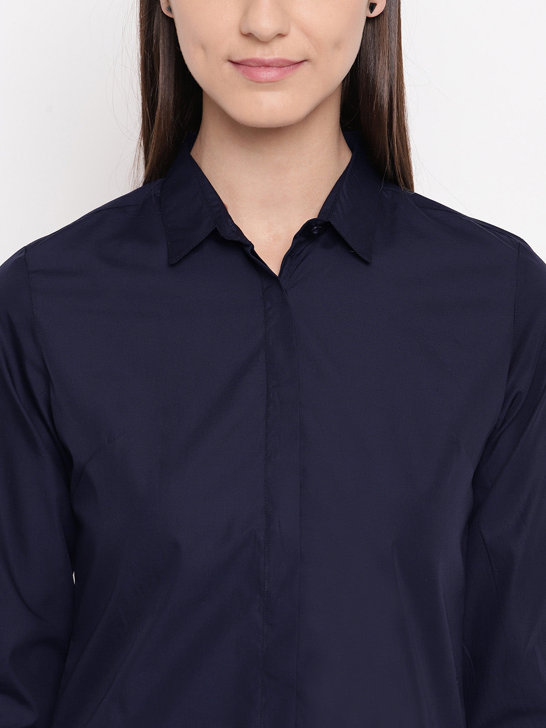 Women Navy Pure Cotton Solid Slim Fit Formal Shirt