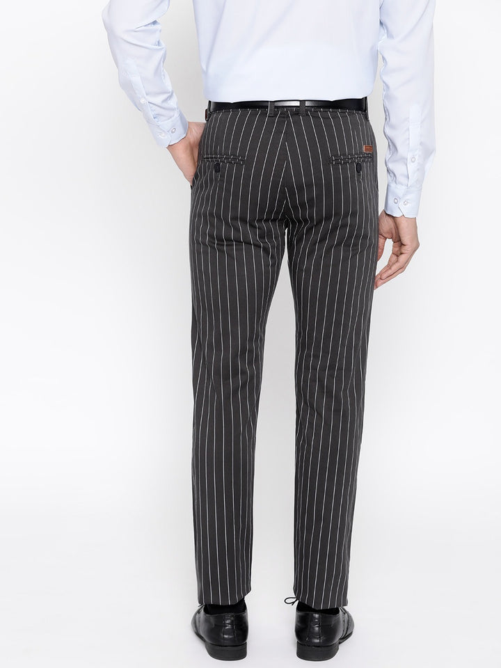 Men Dark Grey Striped Cotton Stretch Slim Fit Formal Trouser