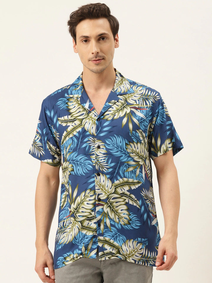 Men Navy Printed Viscose Rayon Relaxed Fit Casual Resort Shirt
