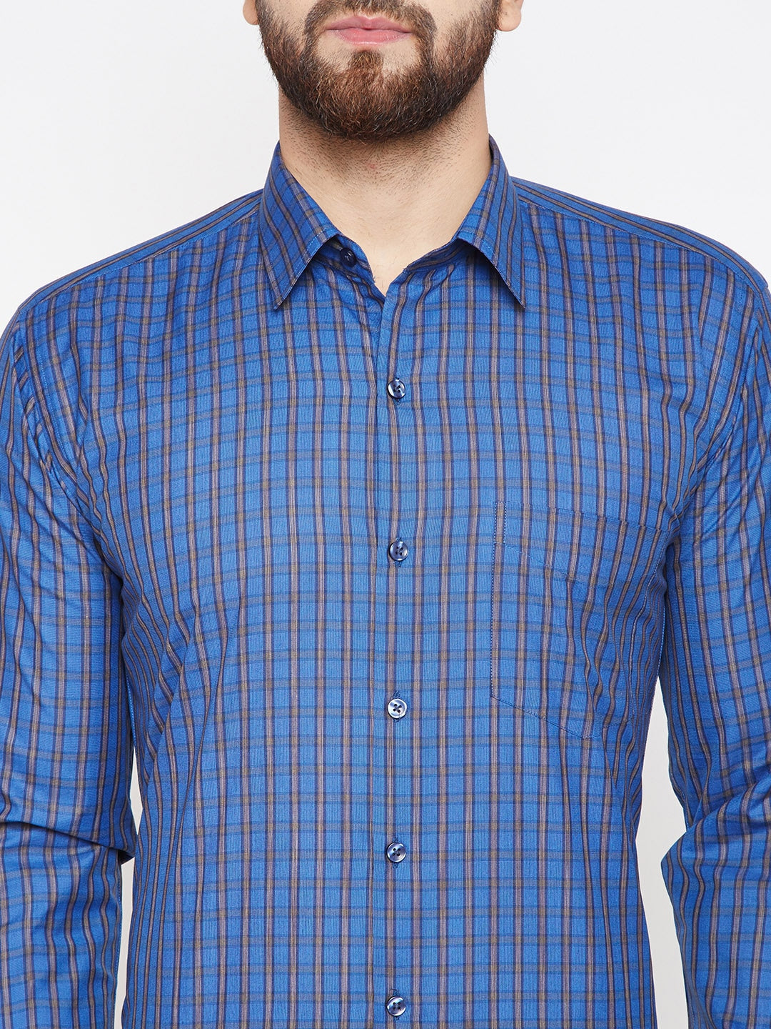 Men Blue Checks Cotton Rich Slim Fit Formal Shirt