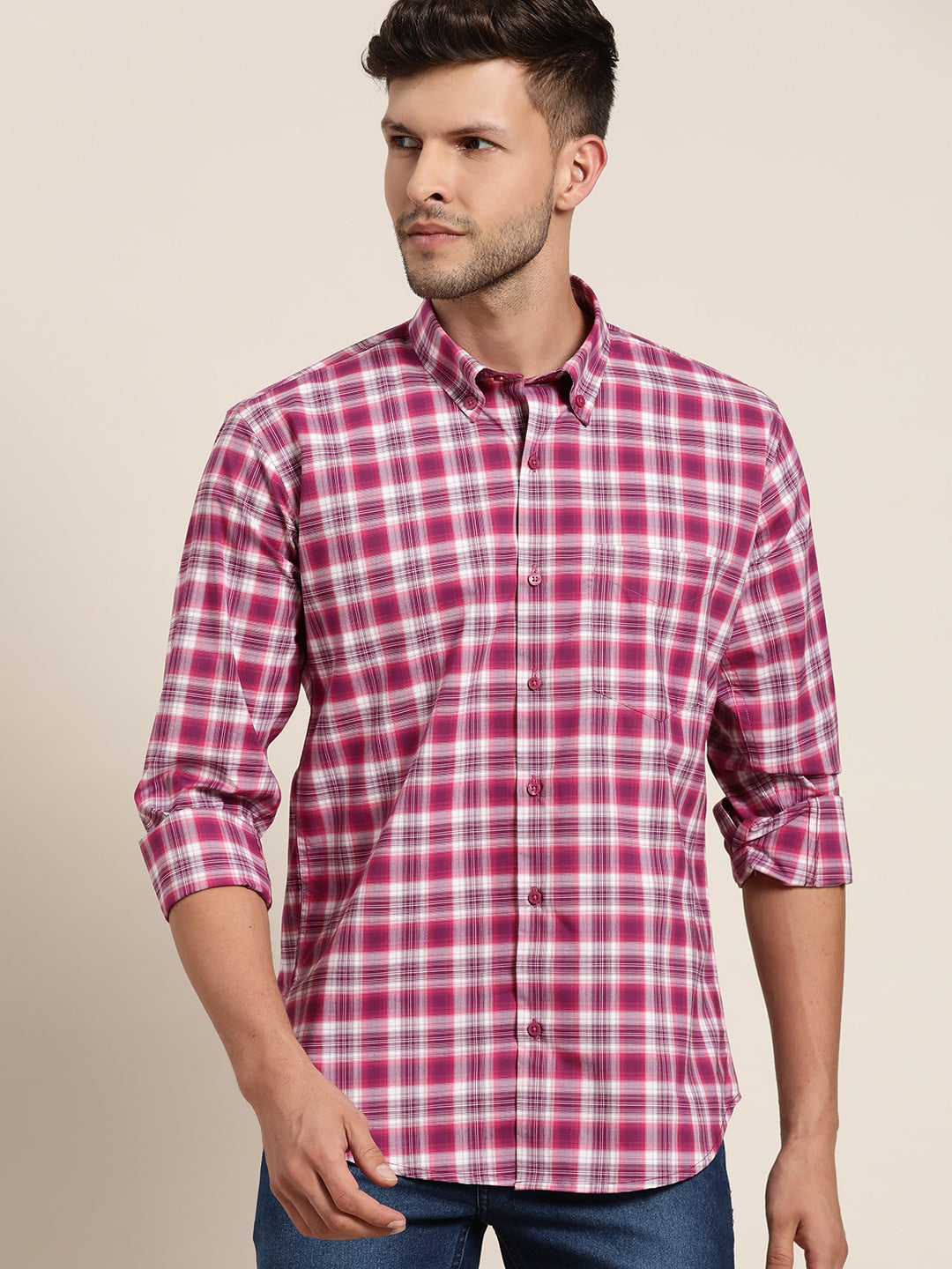 Men Magenta & White Checked Pure Cotton Slim Fit Casual Shirt