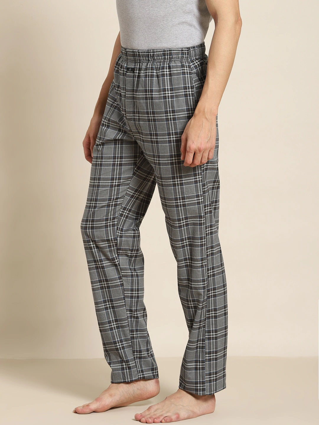 Men Grey Checks Pure Cotton Relaxed Fit Casual Lounge Pant