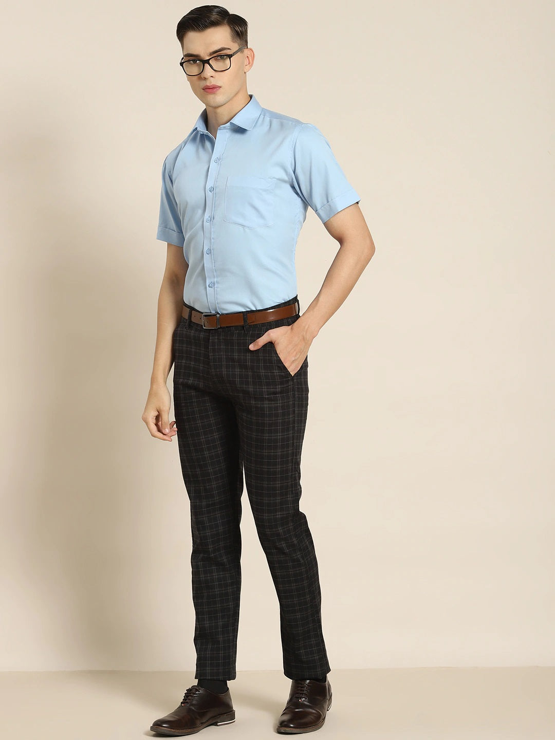 Men Black Checks Cotton Elastene Slim Fit Formal Trouser