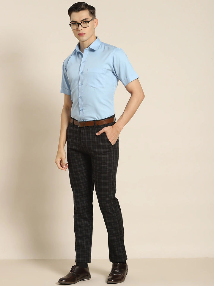 Men Black Checks Cotton Elastene Slim Fit Formal Trouser
