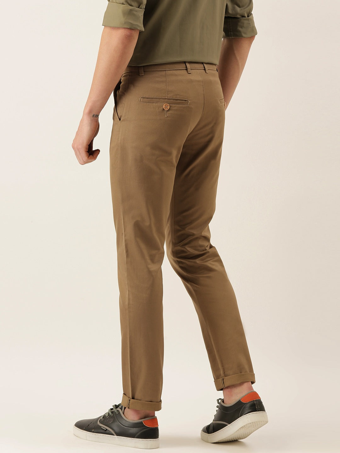 Men Peanut Brown Solids Pure Cotton Slim Fit Formal Trouser