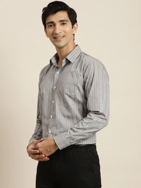 Men Grey & Black Striped Pure Cotton Slim Fit Formal Shirt