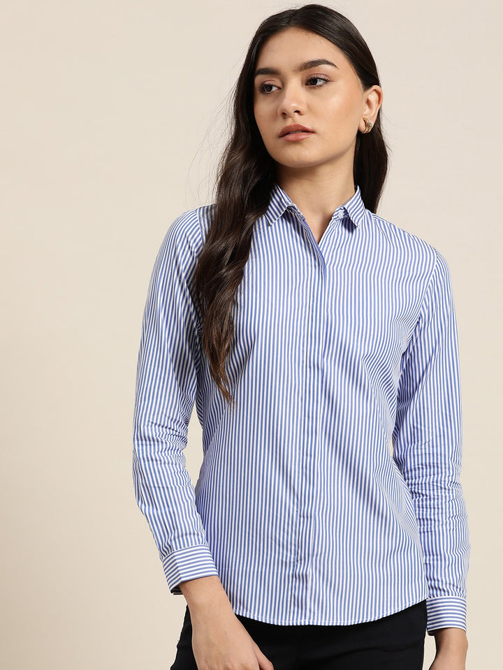 Women White & Blue Stripes Pure Cotton Slim Fit Formal Shirt