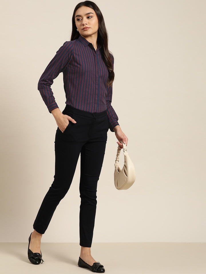 Women Navy Stripes Pure Cotton Slim Fit Formal Shirt