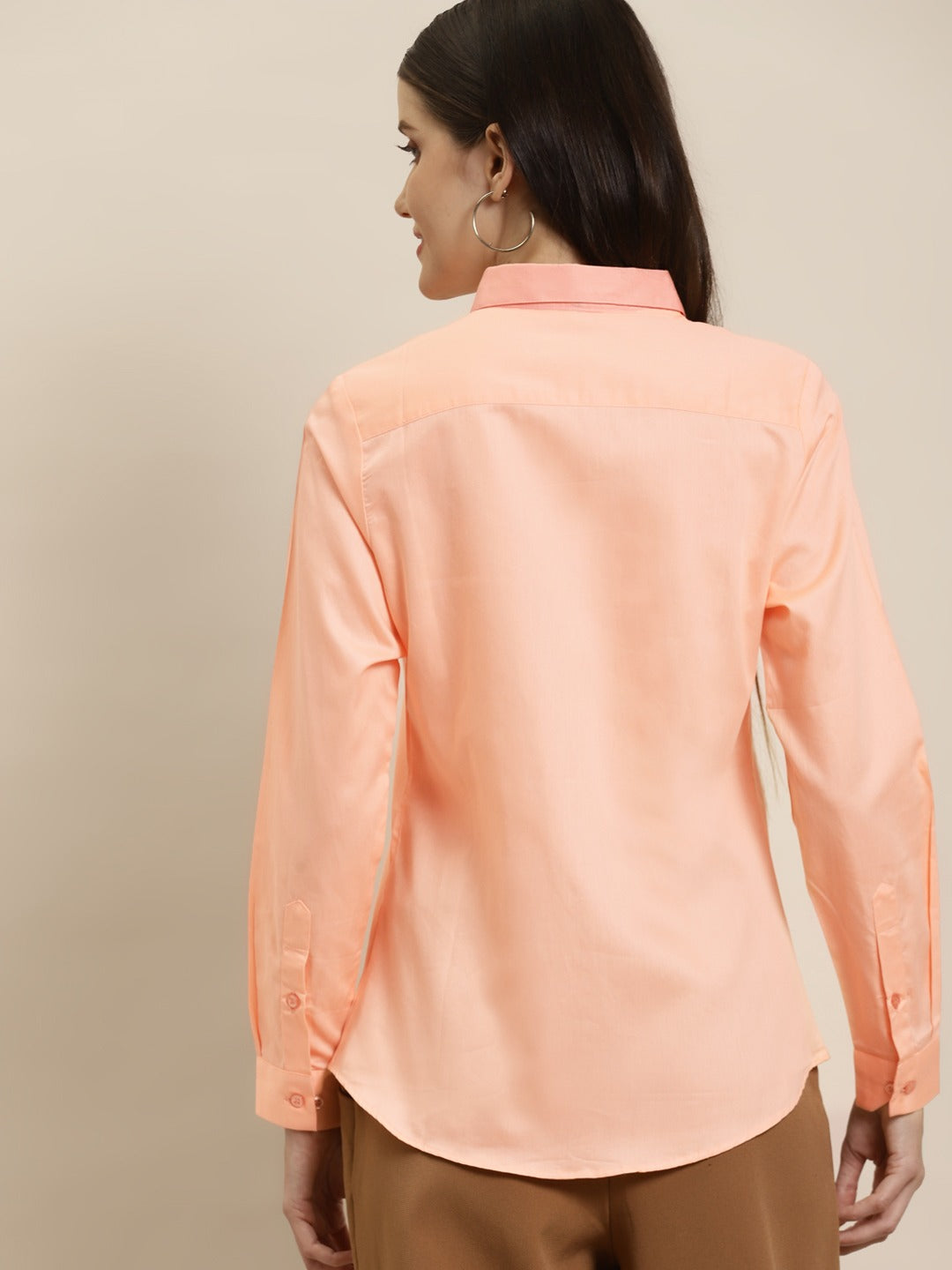 Women Peach Solid Pure Cotton Satin Slim Fit Formal Shirt