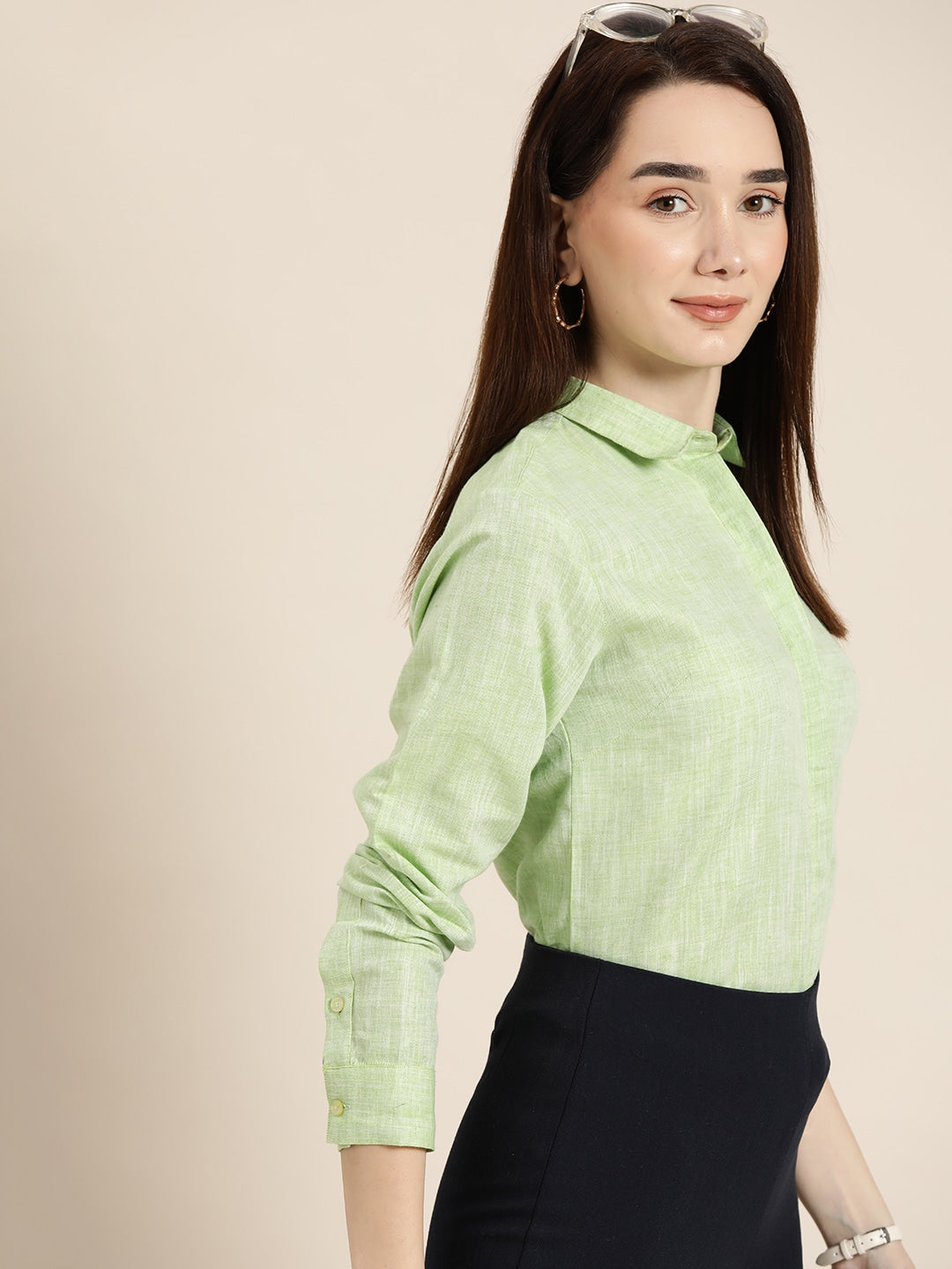 Women Green Solid Linen Cotton Slim Fit Formal Shirt