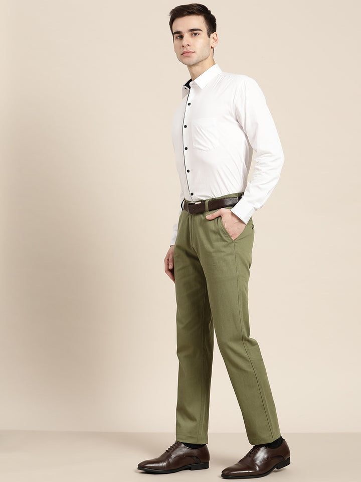 Men Olive Solids Pure Cotton Slim Fit Formal Trouser