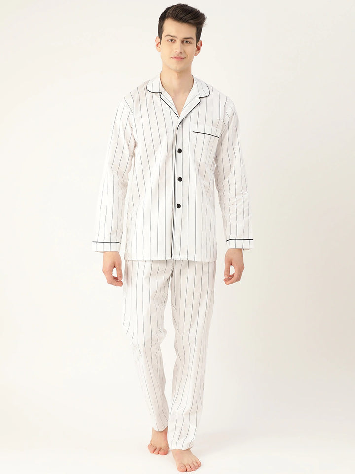Men White Stripes Pure Cotton Regular Fit Night Wear Night Suit